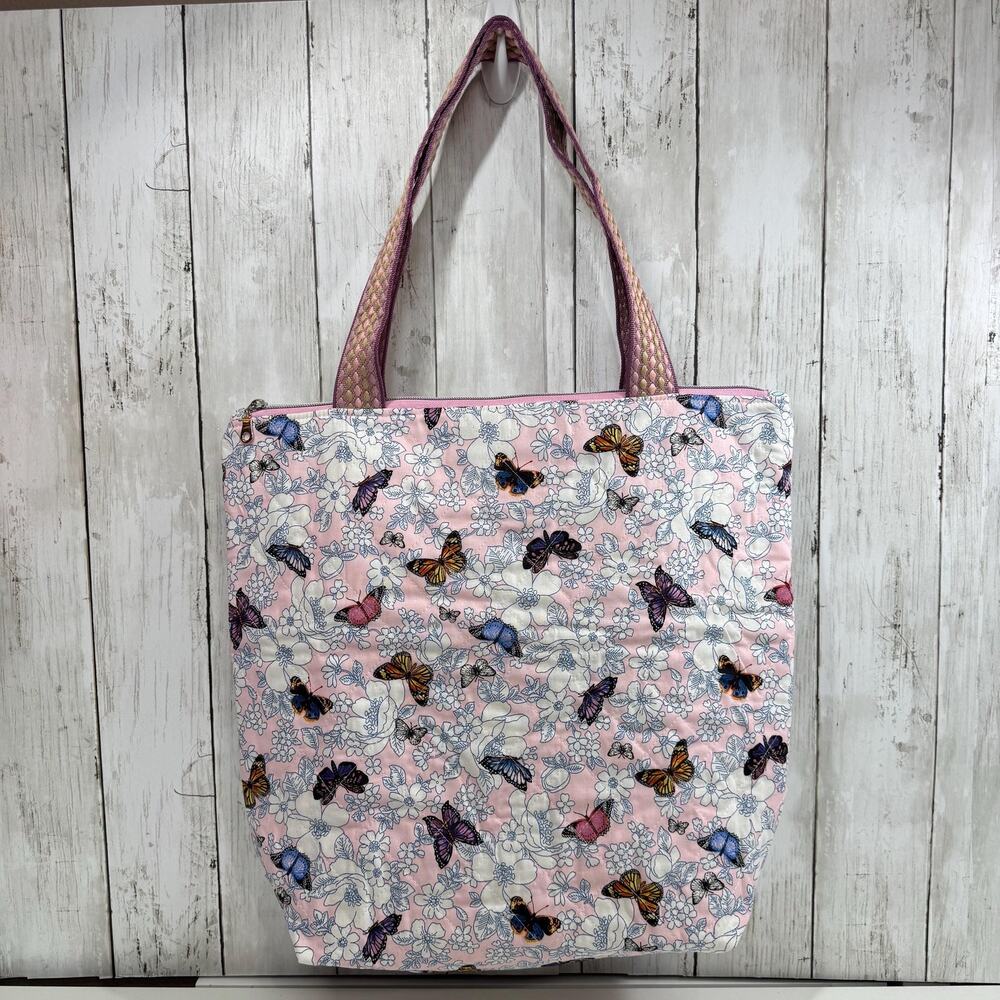 Large Quilted Pink Butterfly Tote Bag, Zippered Closure